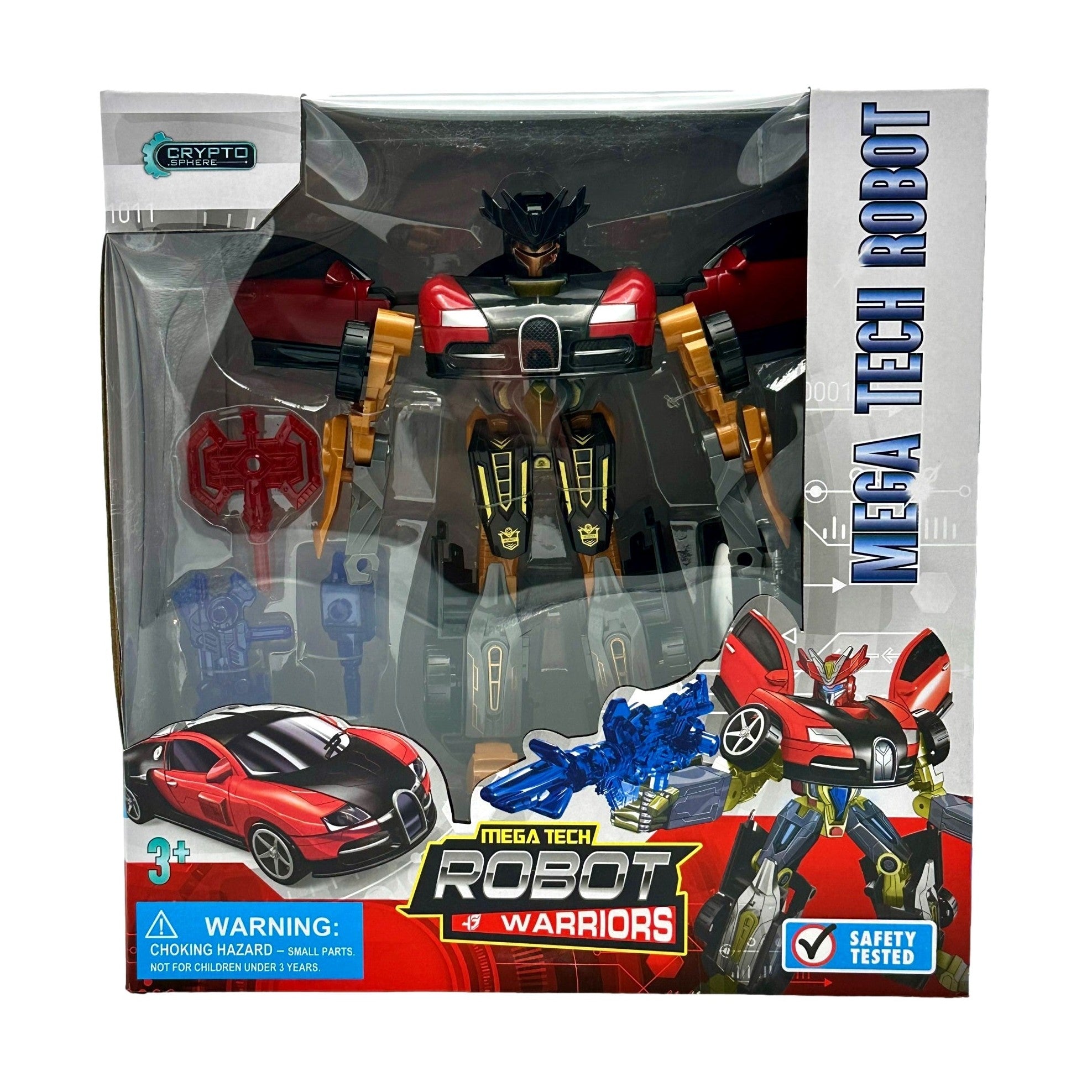 Boxed Mega Tech Robot Warriors toy with red and black car vehicle.